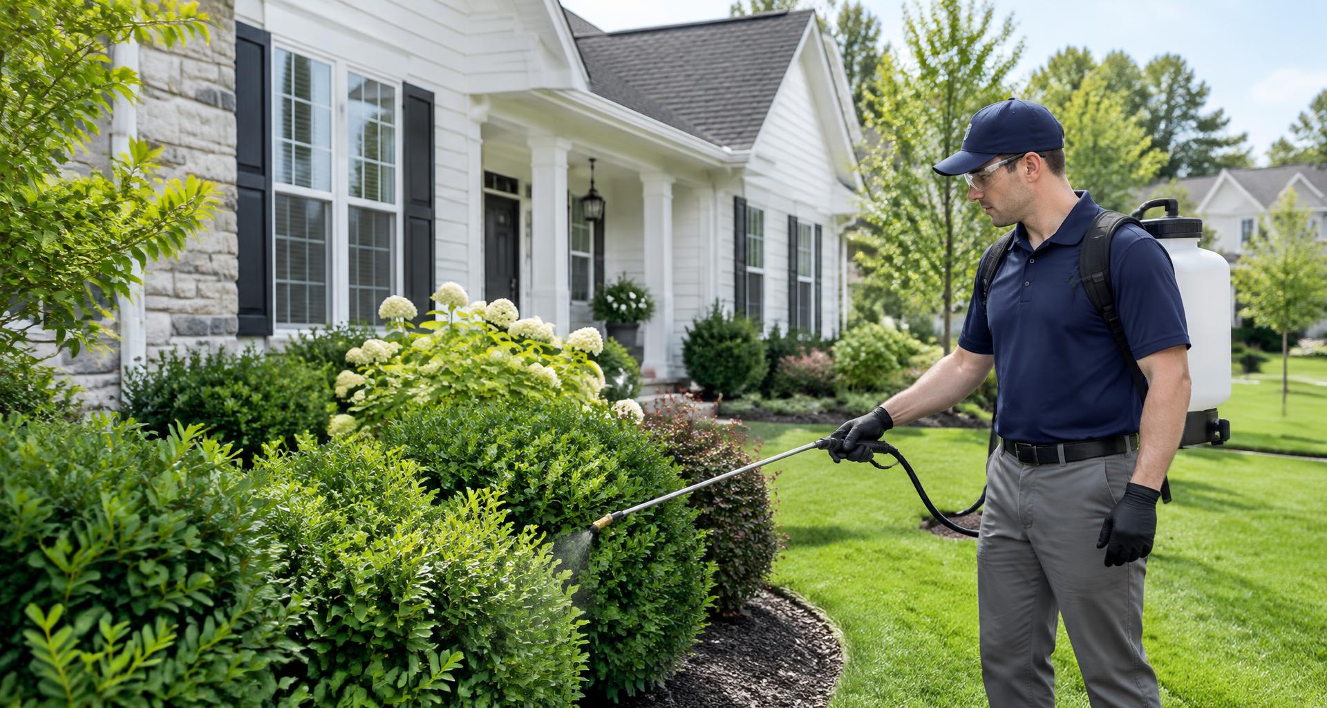 Pest control professional treating landscaping outside an Ohio home